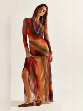 NWT Free People Sunnei Mesh Maxi Dress Sunset Print Sheer Ruched M